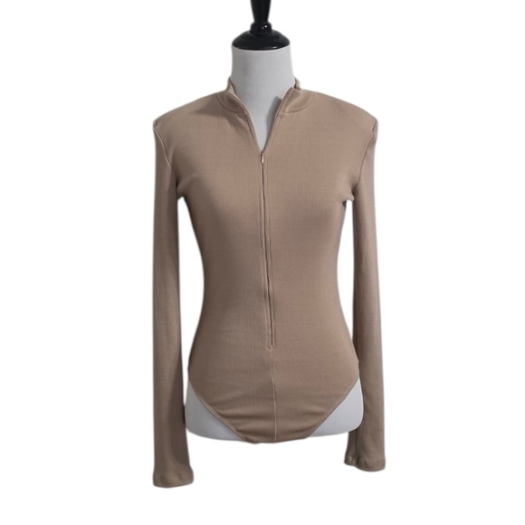 Lulus Up For It Beige Long Sleeve Zip-Front Bodysuit - Picture 3 of 7